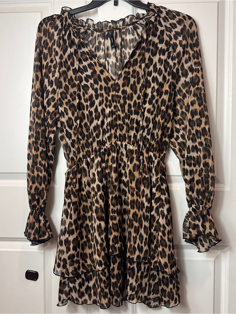 MNG Leopard Print Ruffled Long Sleeve Dress - Brown/Tan/Black